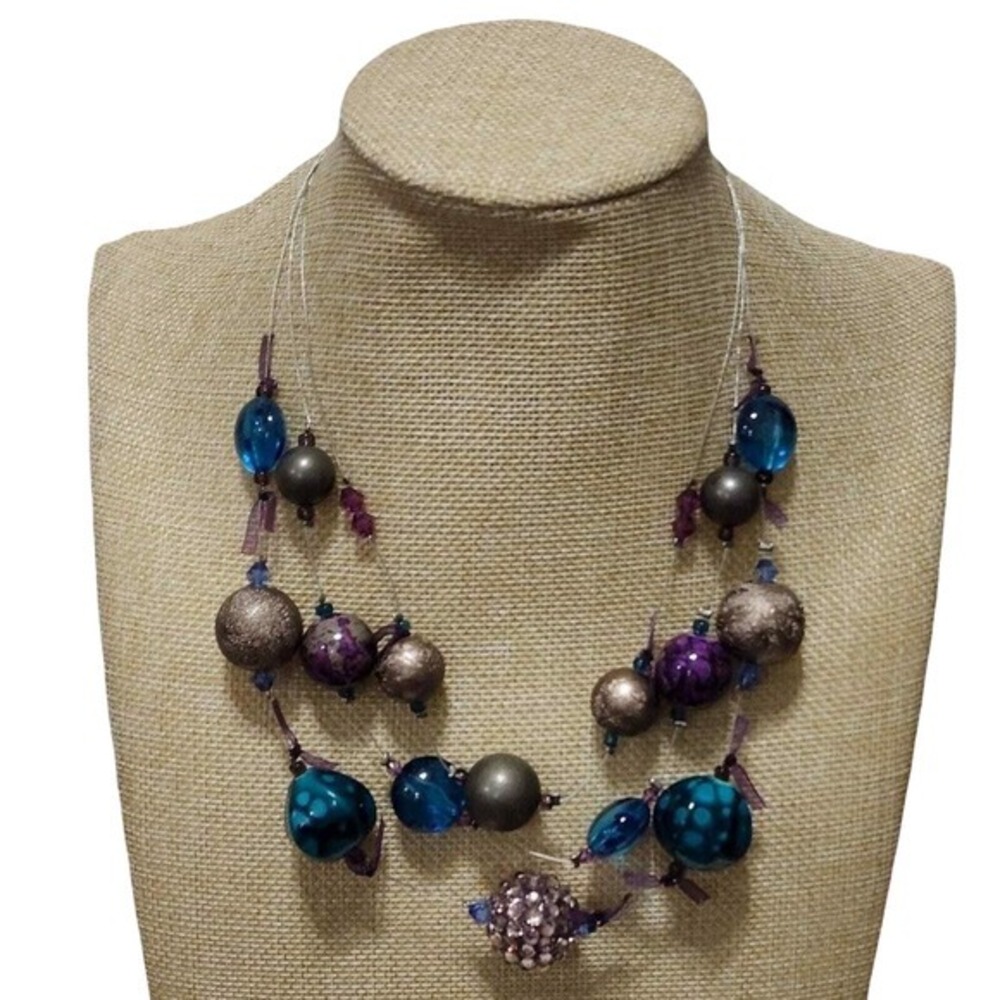 Treska Multi-Strand Illusion Necklace Blue Purple Bronze Beaded Statement NWT
